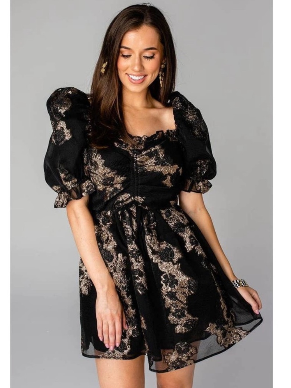 Buddy Love Black Mini Dress with Gold Floral Lace